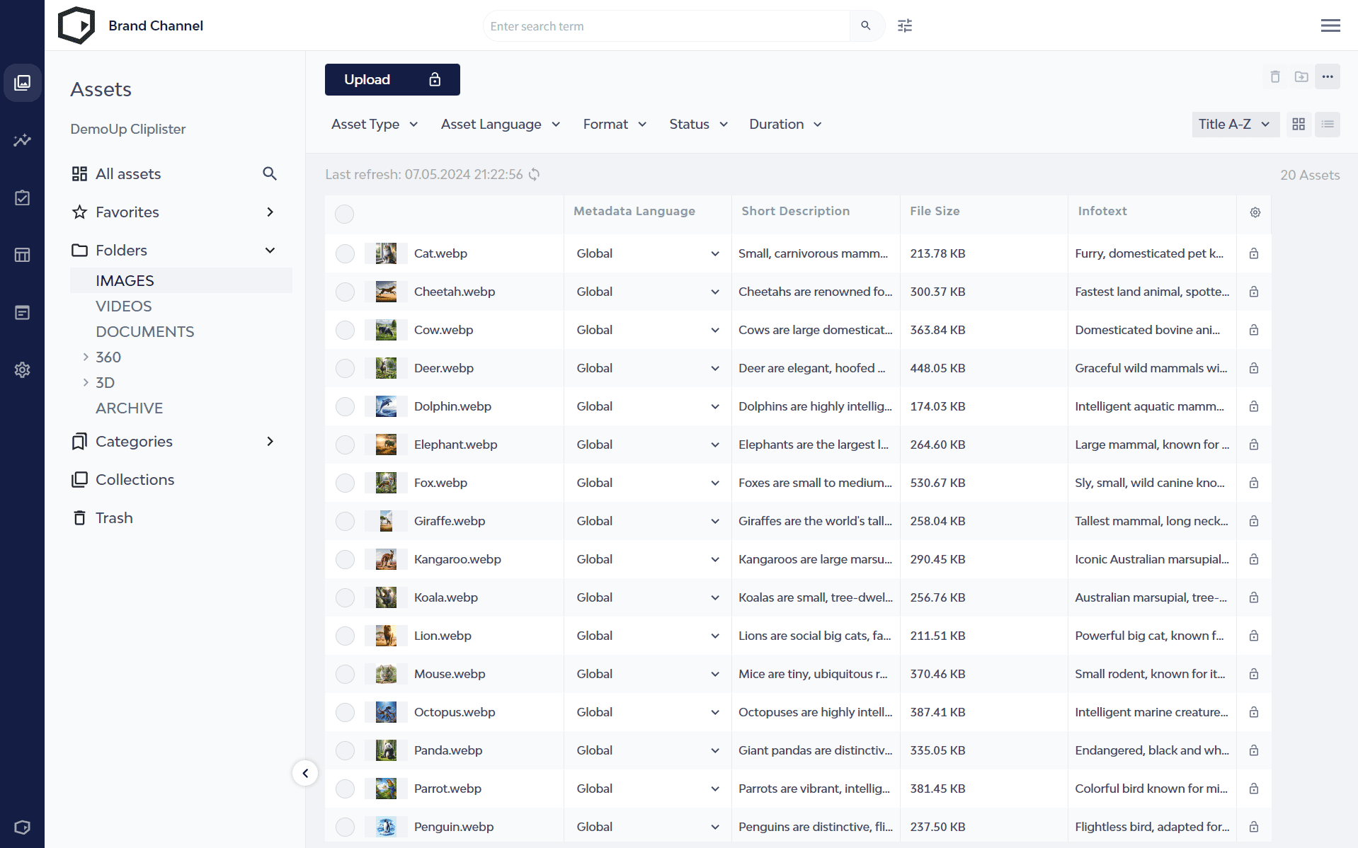 DemoUp Cliplister's digital asset management interface in list view displays details like titles, descriptions, file sizes, and categories.