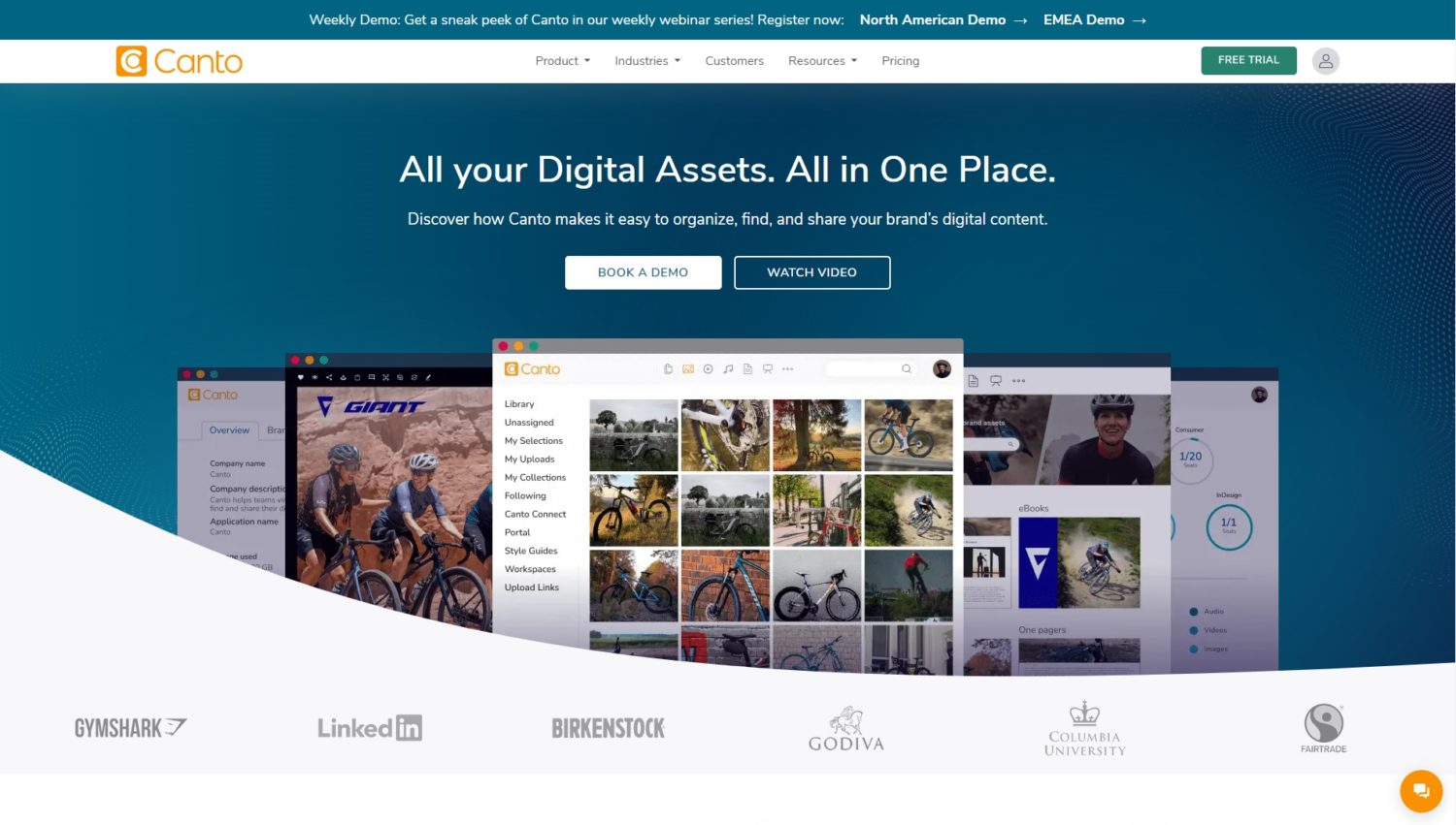 Canto homepage showcasing digital asset management with a headline, demo button, and visuals of organised assets, alongside logos like LinkedIn and Birkenstock.