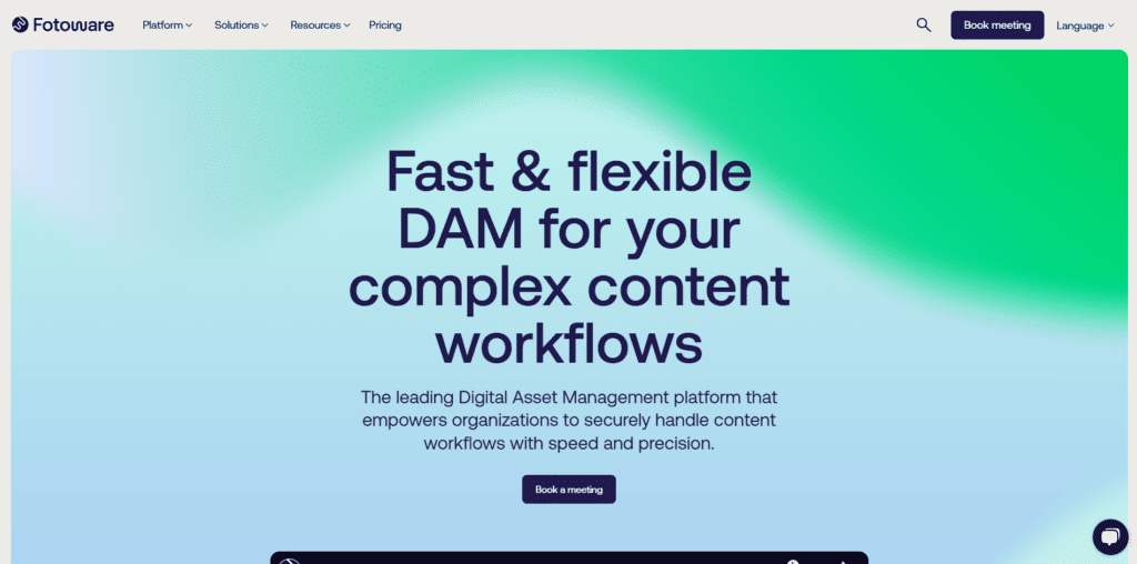 Fotoware's homepage features text positioning it as a fast and flexible option for complex workflows.