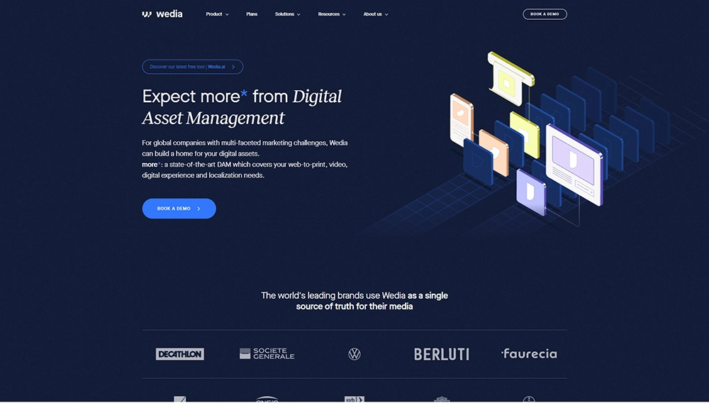 Homepage of Wedia highlighting digital asset management solutions with a headline, call-to-action, file icons, and client logos like Volkswagen and Decathlon.