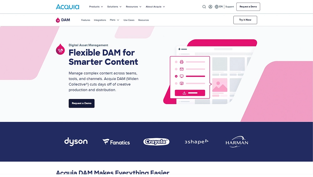 Acquia DAM homepage showcasing flexible digital asset management for smarter content, with a headline, demo button, and logos like Dyson, Crayola, and Harman.