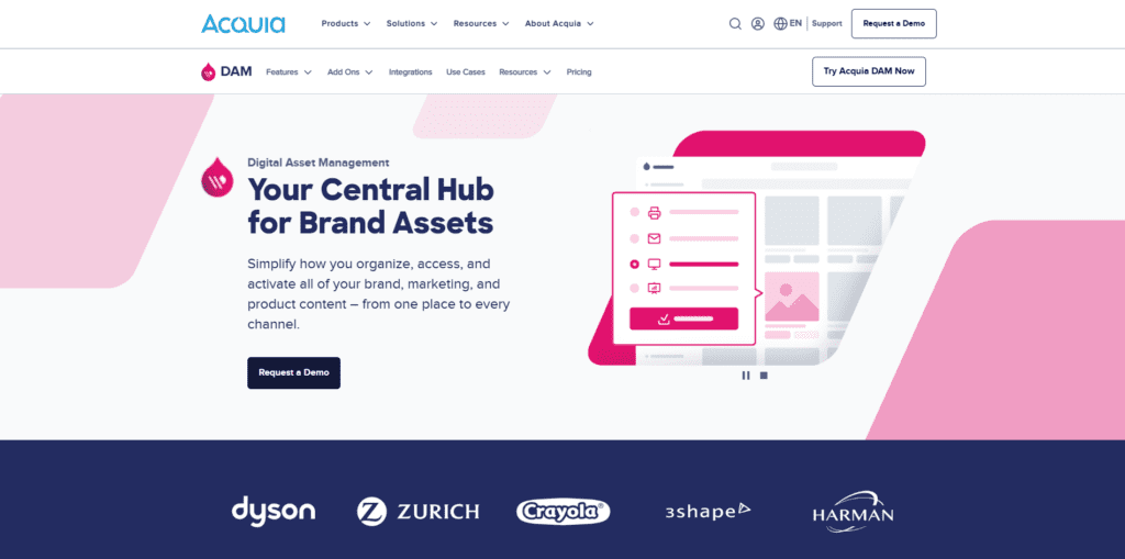 The Acquia DAM homepage explains how its a central hub for brand assets.