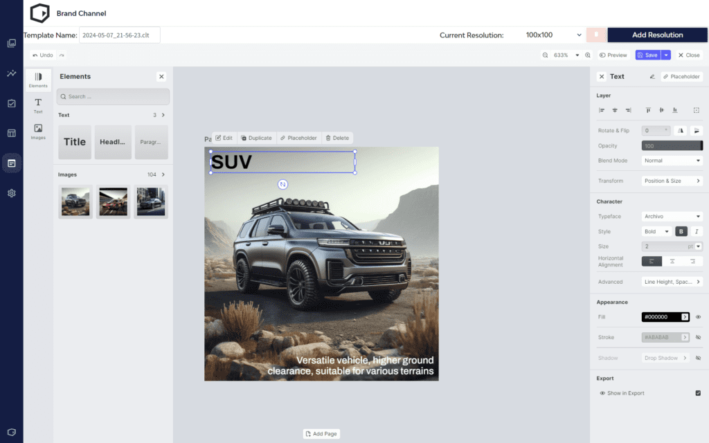 DemoUp Cliplister's creative editor showing a design workspace for customising an SUV ad with text, images, and formatting tools.