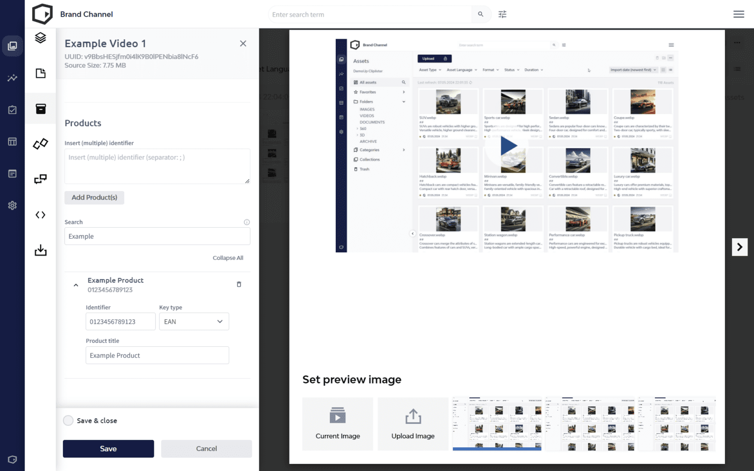 DemoUp Cliplister's product linkage interface shows asset management, product details, and options to set or upload preview images.