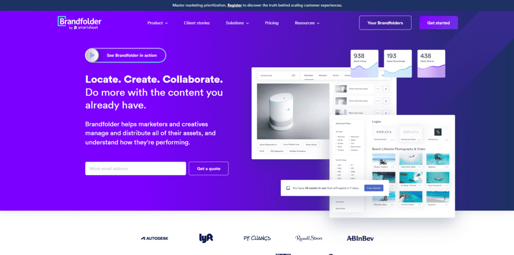 The Brandfolder homepage features screenshots of its software.